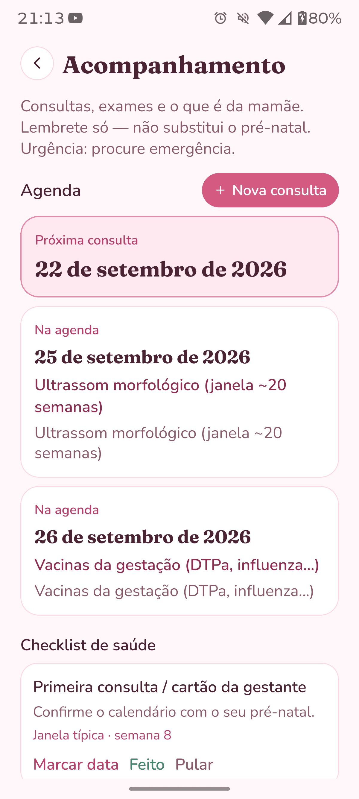 Acompanhamento de saúde no Nineli, com a agenda de consultas e o aviso de que não substitui o pré-natal