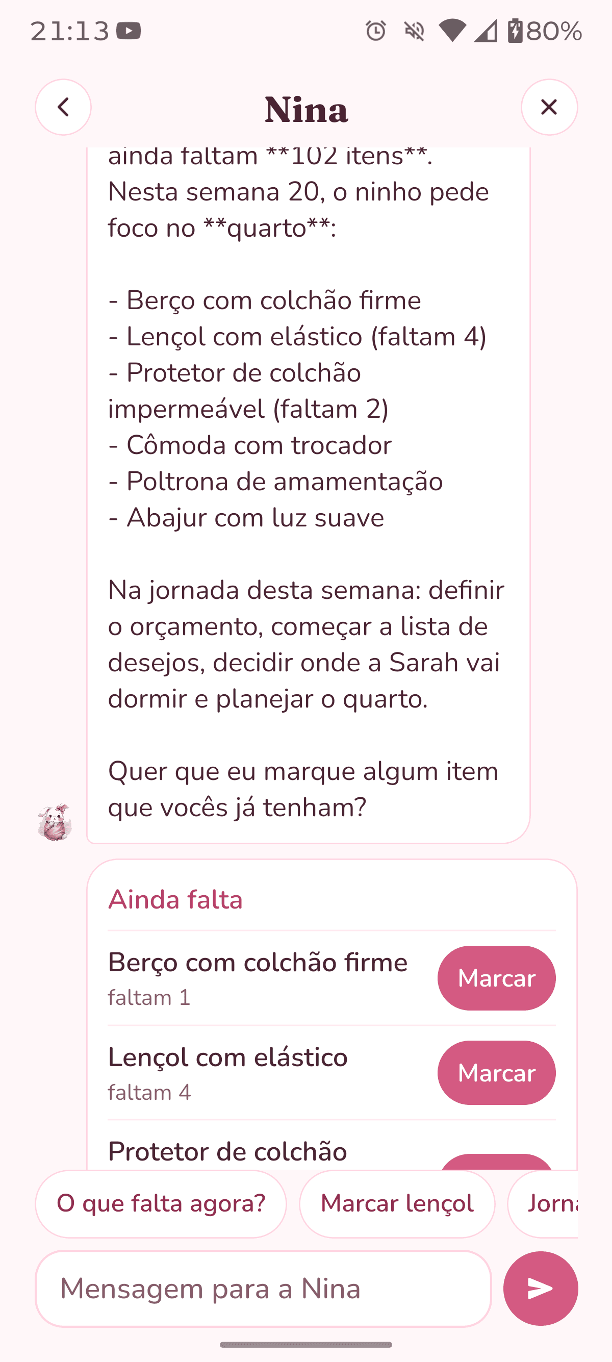 Chat com a Nina, listando o que falta no quarto e os botões para marcar cada item