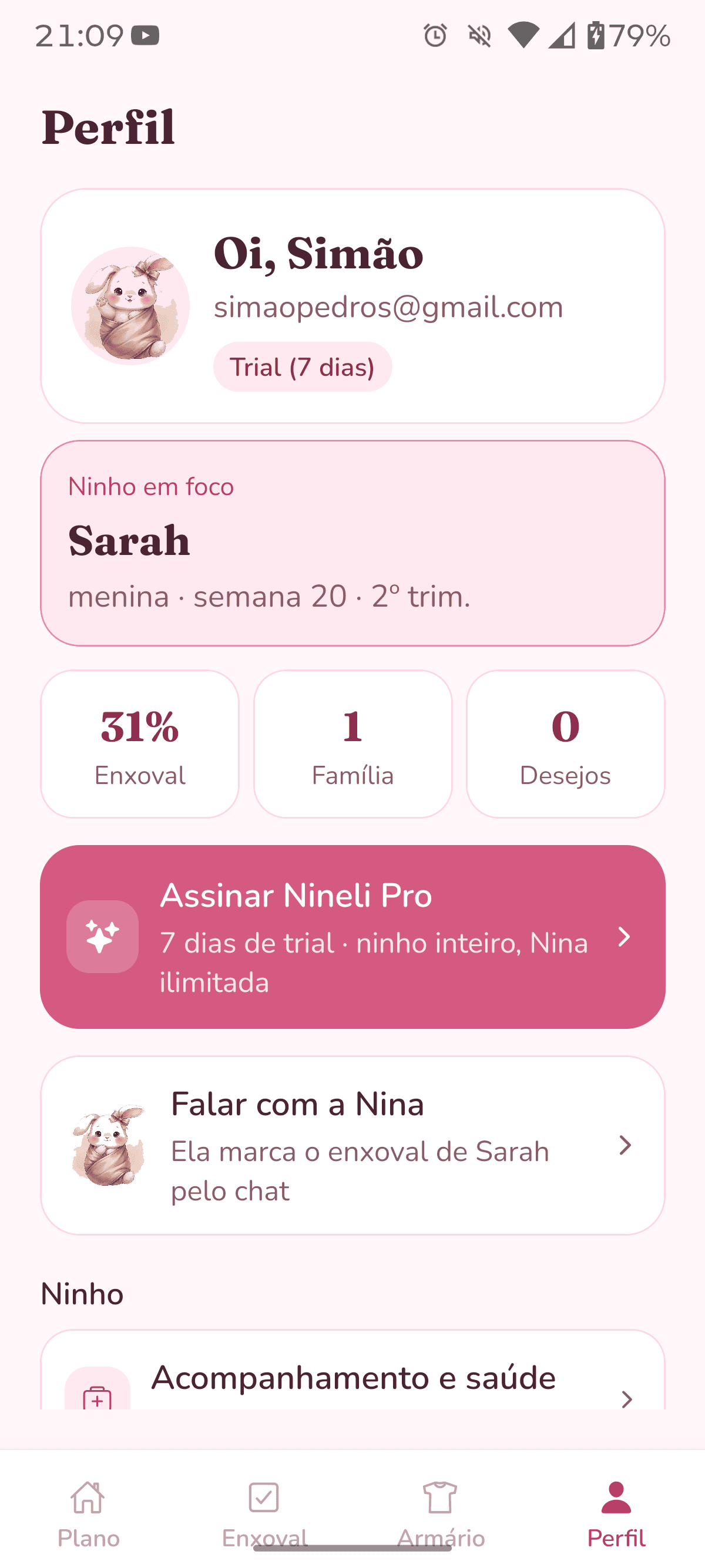 Perfil no Nineli, com o teste de 7 dias, o ninho em foco e o atalho para o Pro